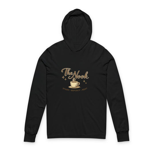 Unisex Hooded Long Sleeve Tee — "The Nook" Coffee & Cozy Reading Shirt