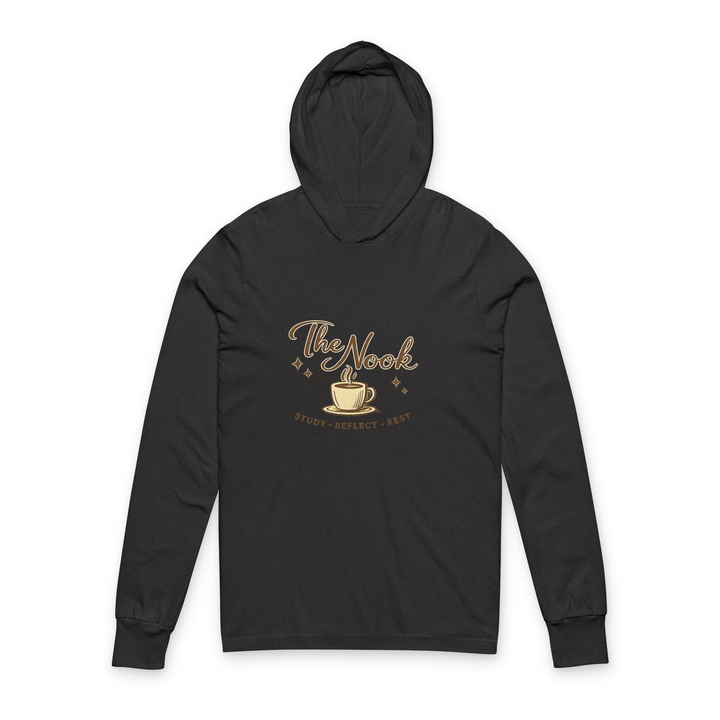 Unisex Hooded Long Sleeve Tee — "The Nook" Coffee & Cozy Reading Shirt