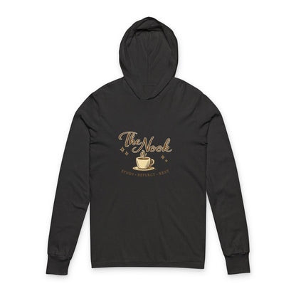 Unisex Hooded Long Sleeve Tee — "The Nook" Coffee & Cozy Reading Shirt