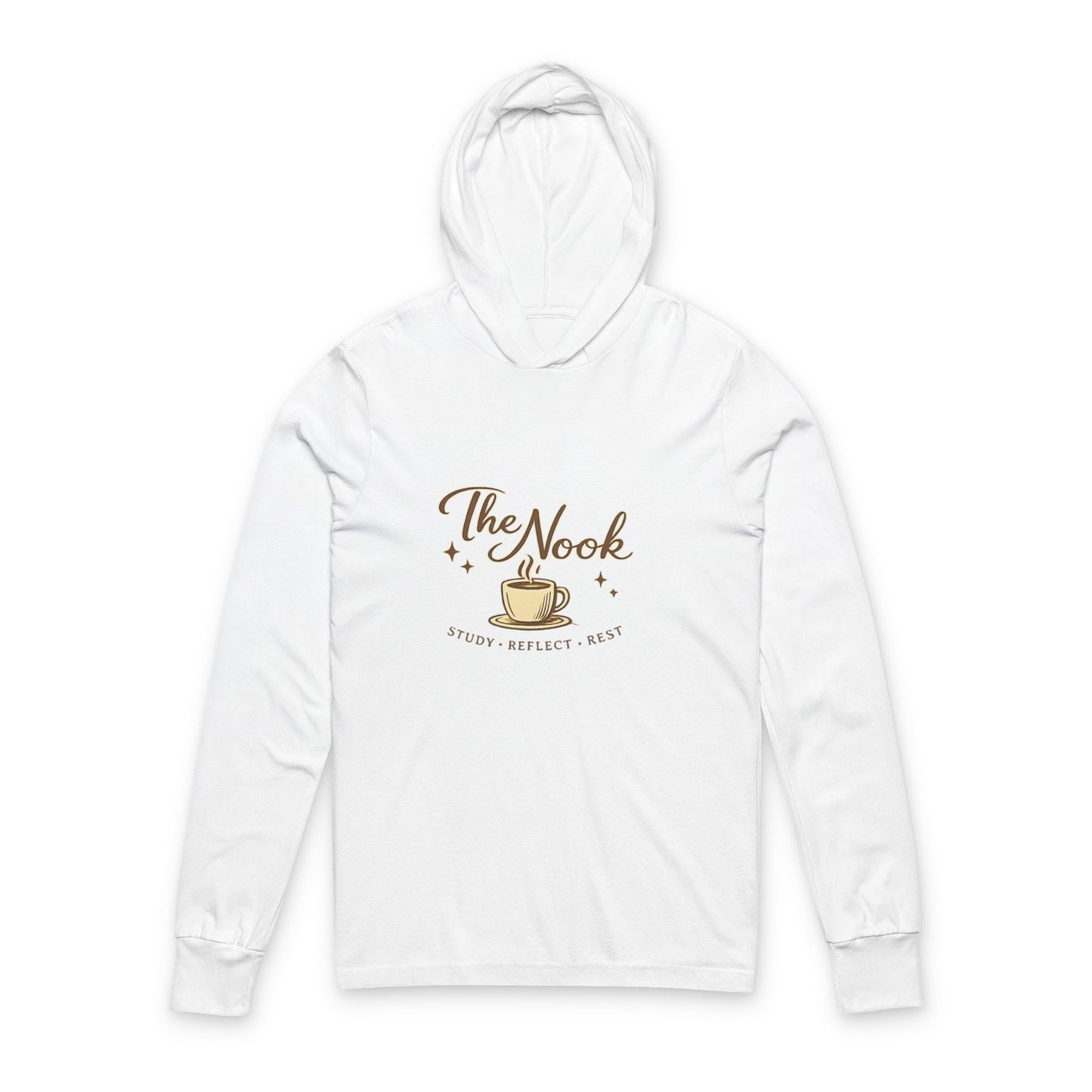 Unisex Hooded Long Sleeve Tee — "The Nook" Coffee & Cozy Reading Shirt