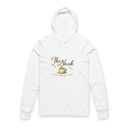 Unisex Hooded Long Sleeve Tee — "The Nook" Coffee & Cozy Reading Shirt
