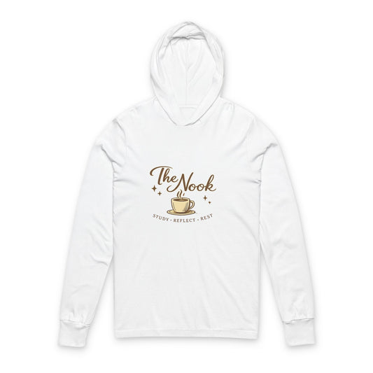 Unisex Hooded Long Sleeve Tee — "The Nook" Coffee & Cozy Reading Shirt