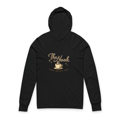 Unisex Hooded Long Sleeve Tee — "The Nook" Coffee & Cozy Reading Shirt