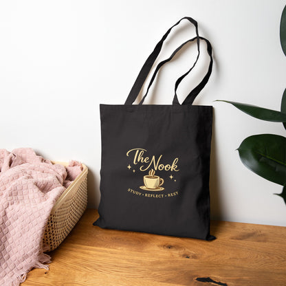 The Nook Coffee Tote Bag — Cozy Bookish Canvas Shopper
